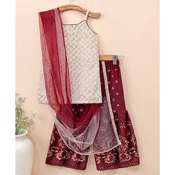 Babyhug Sleeveless Kurti & Sharara with Dupatta with Sequins Detailing & Floral Embroidery - Beige & Maroon