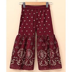 Babyhug Sleeveless Kurti & Sharara with Dupatta with Sequins Detailing & Floral Embroidery - Beige & Maroon