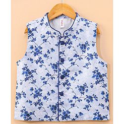 Babyhug Full Sleeves Solid Kurta & Pyjama Set With Floral Printed Jacket - Royal Blue