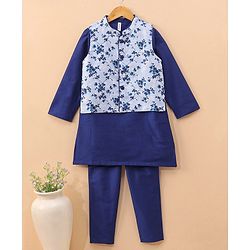 Babyhug Full Sleeves Solid Kurta & Pyjama Set With Floral Printed Jacket - Royal Blue