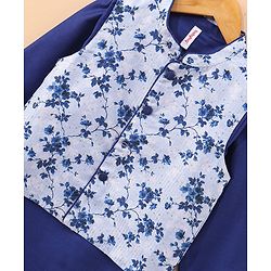 Babyhug Full Sleeves Solid Kurta & Pyjama Set With Floral Printed Jacket - Royal Blue