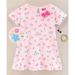 Babyhug 100% Cotton Knit Short Sleeves Floral Printed Frock with Bow Corsage - Light Pink