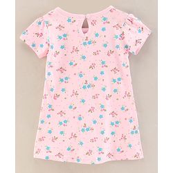Babyhug 100% Cotton Knit Short Sleeves Floral Printed Frock with Bow Corsage - Light Pink