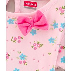 Babyhug 100% Cotton Knit Short Sleeves Floral Printed Frock with Bow Corsage - Light Pink