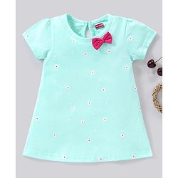 Babyhug 100% Cotton Half Sleeves Frock with Bow Floral Print - Mint