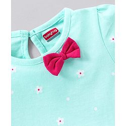 Babyhug 100% Cotton Half Sleeves Frock with Bow Floral Print - Mint