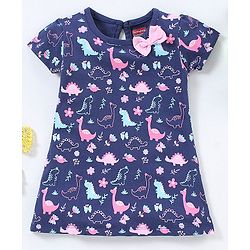 Babyhug 100% Cotton Knit Half Sleeves Frock Dino Print - Navy Blue