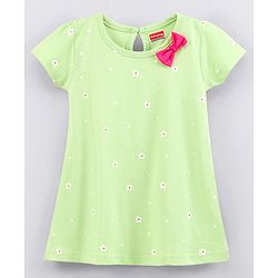 Babyhug 100% Cotton Half Sleeves Frock with Bow Floral Print - Light Green