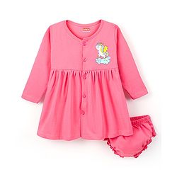 Babyhug 100% Cotton Knit Three Forth Sleeves Frock With Bloomer Unicorn Print - Pink