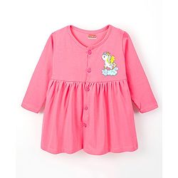 Babyhug 100% Cotton Knit Three Forth Sleeves Frock With Bloomer Unicorn Print - Pink