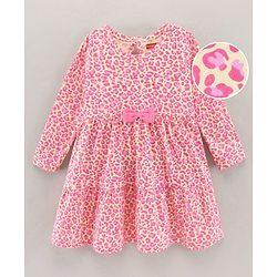 Babyhug 100% Cotton Full Sleeves Frock Leopard Print - Yellow
