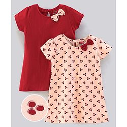 Babyhug 100% Cotton Half Sleeves Solid Color Frock with Bow Applique and Small Circle Print Pack of 2 - Red Peach