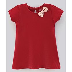Babyhug 100% Cotton Half Sleeves Solid Color Frock with Bow Applique and Small Circle Print Pack of 2 - Red Peach