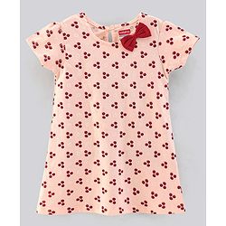 Babyhug 100% Cotton Half Sleeves Solid Color Frock with Bow Applique and Small Circle Print Pack of 2 - Red Peach