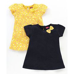 Babyhug 100% Cotton Knit Short Sleeves Frocks with Bow Applique - Blue & Yellow