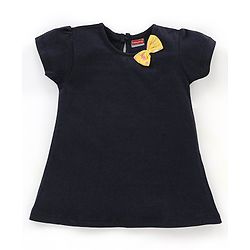 Babyhug 100% Cotton Knit Short Sleeves Frocks with Bow Applique - Blue & Yellow