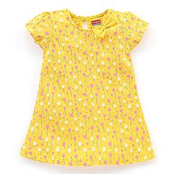 Babyhug 100% Cotton Knit Short Sleeves Frocks with Bow Applique - Blue & Yellow