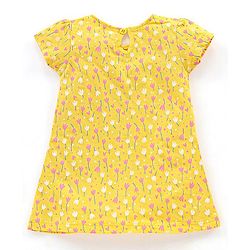 Babyhug 100% Cotton Knit Short Sleeves Frocks with Bow Applique - Blue & Yellow