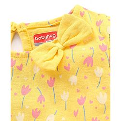 Babyhug 100% Cotton Knit Short Sleeves Frocks with Bow Applique - Blue & Yellow