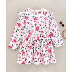 Babyhug 100% Cotton Knit Full Sleeves Floral Print Frock - Light Pink White
