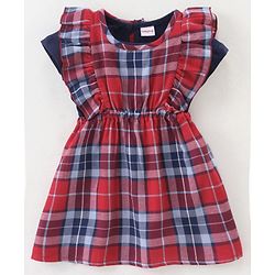 Babyhug Yarndyed Woven Check Frock With 100% Cotton Knitted Half Sleeves Inner Tee - Red