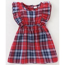 Babyhug Yarndyed Woven Check Frock With 100% Cotton Knitted Half Sleeves Inner Tee - Red