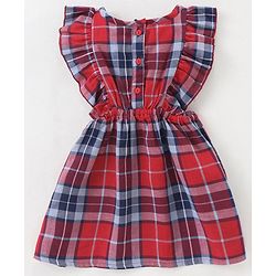 Babyhug Yarndyed Woven Check Frock With 100% Cotton Knitted Half Sleeves Inner Tee - Red