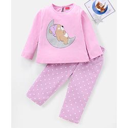 Babyhug 100% Cotton Knit Full Sleeves Night Suit Sleepy Bear Print - Pink