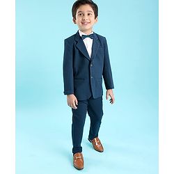 Babyhug Woven Full Sleeves Solid Party Suit with Bow Tie - Ocean Blue