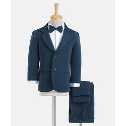 Babyhug Woven Full Sleeves Solid Party Suit with Bow Tie - Ocean Blue