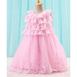 Babyhug Sleeveless Party Wear Frock Lace Embroidered - Pink