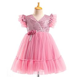 Babyhug Flutter Sleeves Party Wear Frock With Sequin Detailing & Floral Applique- Dusty Pink