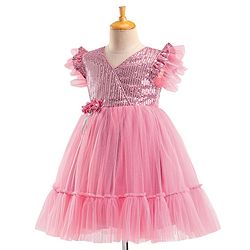 Babyhug Flutter Sleeves Party Wear Frock With Sequin Detailing & Floral Applique- Dusty Pink