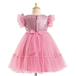 Babyhug Flutter Sleeves Party Wear Frock With Sequin Detailing & Floral Applique- Dusty Pink