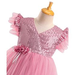 Babyhug Flutter Sleeves Party Wear Frock With Sequin Detailing & Floral Applique- Dusty Pink