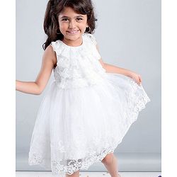 Babyhug Sleeveless Party Wear Frock Embroidered - White