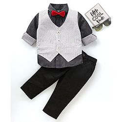 Babyhug Full Sleeves 100% Cotton Waist Coat & Shirt with Stretch Fir Pants - Black