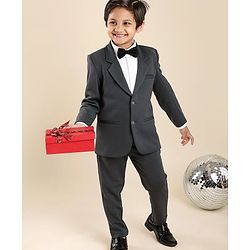 Babyhug Woven Full Sleeves Solid Party Suit with Bow Tie - Grey & White