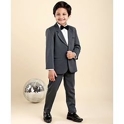 Babyhug Woven Full Sleeves Solid Party Suit with Bow Tie - Grey & White