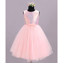 Babyhug Sleeveless Sequinned Party Wear Dress - Peach