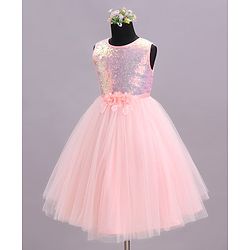 Babyhug Sleeveless Sequinned Party Wear Dress - Peach