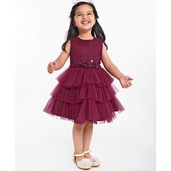 Babyhug Sleeveless Party Wear Layered Frock With Net Detailing & Floral Corsage- Maroon
