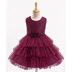 Babyhug Sleeveless Party Wear Layered Frock With Net Detailing & Floral Corsage- Maroon