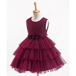 Babyhug Sleeveless Party Wear Layered Frock With Net Detailing & Floral Corsage- Maroon