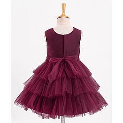 Babyhug Sleeveless Party Wear Layered Frock With Net Detailing & Floral Corsage- Maroon