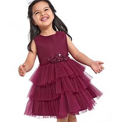 Babyhug Sleeveless Party Wear Layered Frock With Net Detailing & Floral Corsage- Maroon