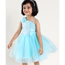 Babyhug Sleeveless Party Wear Frock with Sequins and Corsage - Light Blue