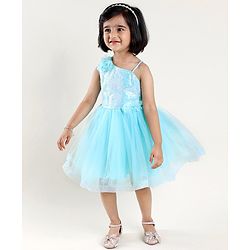 Babyhug Sleeveless Party Wear Frock with Sequins and Corsage - Light Blue