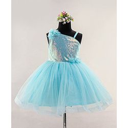 Babyhug Sleeveless Party Wear Frock with Sequins and Corsage - Light Blue