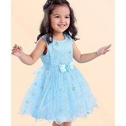Babyhug Sleeveless Glittery Party Frock With Bow - Light Blue